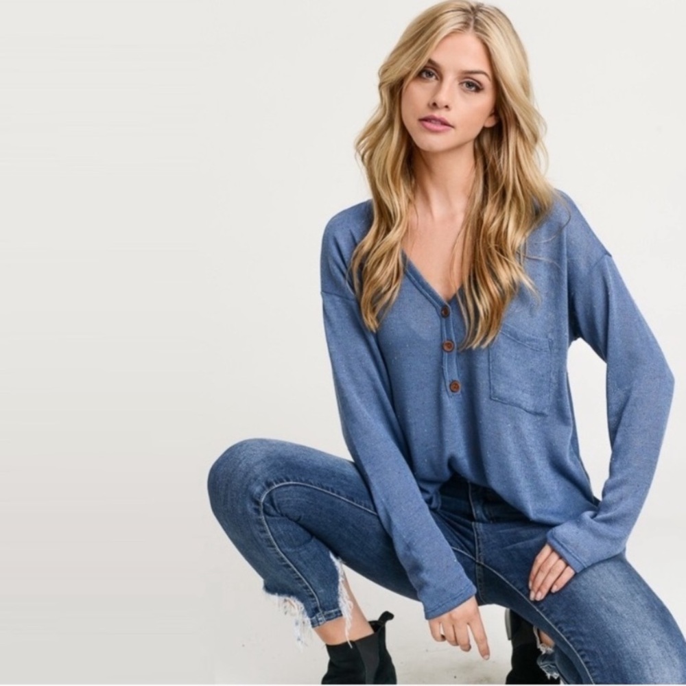 Blue Marbled Knit Pocket Top